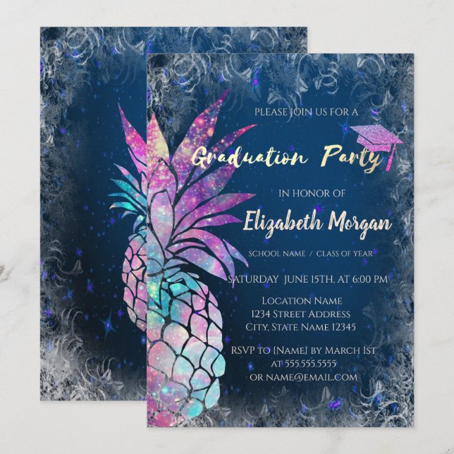Modern Glitter Examenstårtor, Ananas Inbjudningar (Fram/baksida)