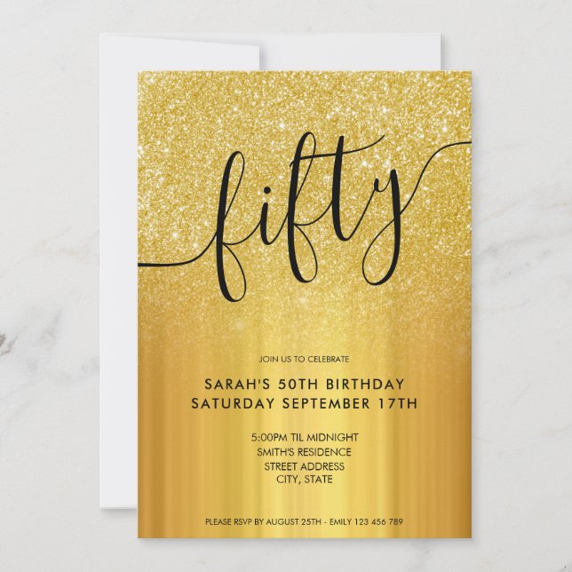 Modern Glitter Guld 50:e födelsedagsinbjudan Inbjudningar (Framsida)