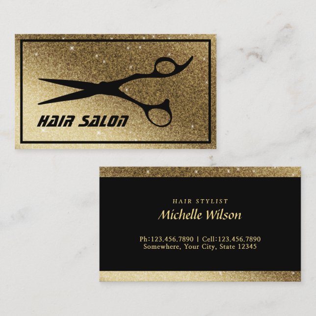 Modern Glitter Guld-bakgrund, Hair Beauty Salon Visitkort (Fram/baksida)