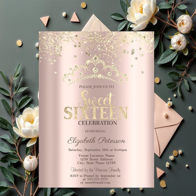 Modern Glitter Konfetti, Krona Rosguld Sweet 16 Inbjudningar (Skapare uppladdad)
