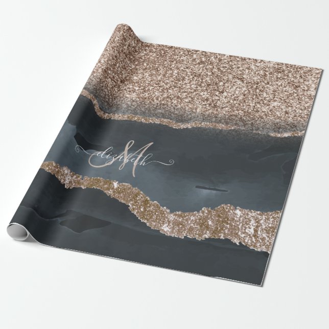 Modern Glitter Marmor Monogram Presentpapper (Utrullad)