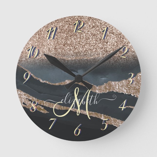 Modern Glitter Marmor Monogram Rund Klocka (Framsida)