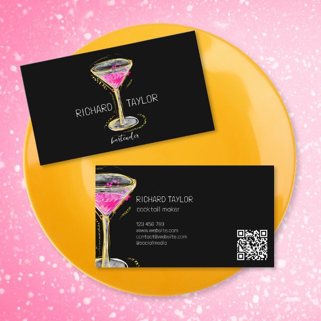 Modern Glitter Martini Bartender Cocktail Servitör Visitkort (pink cocktail in martini glass with gold glitter, hand drawn)