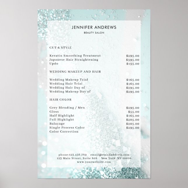 Modern Glitter Mint Salong Prislista Poster (Framsidan)