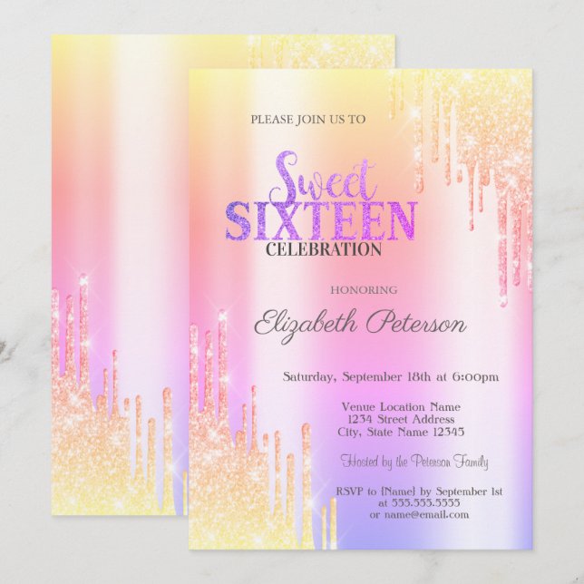 Modern Glitter Ombre-dropp Sweet 16 Inbjudningar (Fram/baksida)