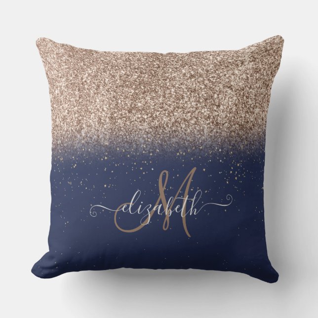 Modern Glitter Ombre Monogram Marinblå Kudde (Framsida)