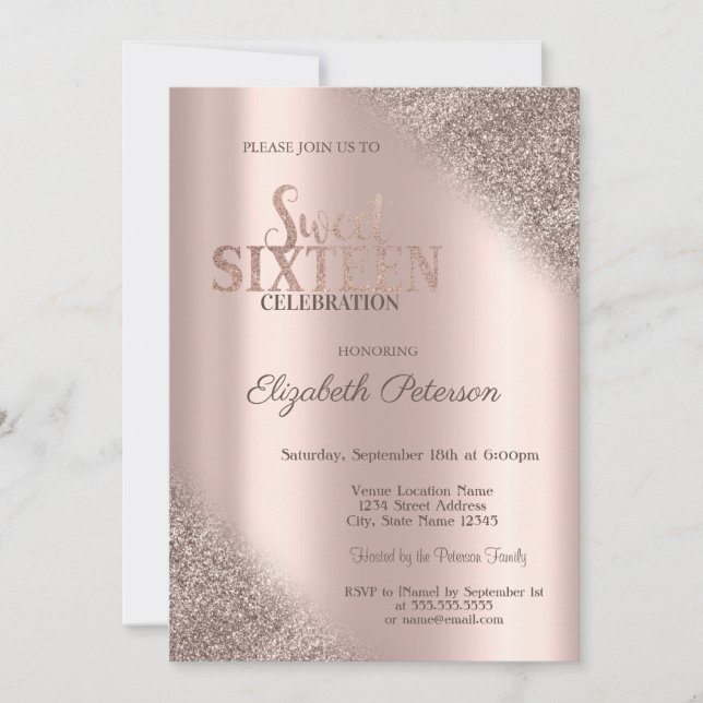 Modern Glitter Ombre Ro Guld Sweet 16 Inbjudningar (Framsida)