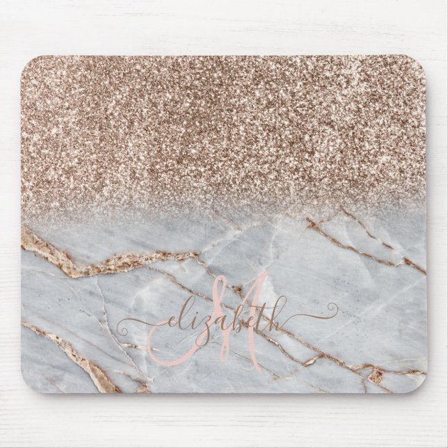 Modern Glitter Ombre Rosa Guld Marmor Monogram Musmatta (Framsidan)