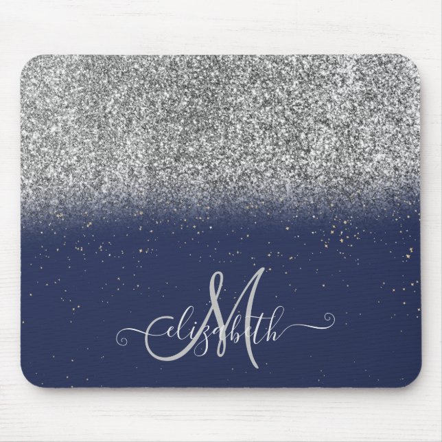 Modern Glitter Ombre Silver Monogram marblå marblå Musmatta (Framsidan)