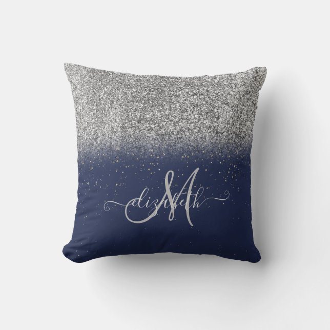 Modern Glitter Ombre Silver Monogram Marinblå Kudde (Framsida)