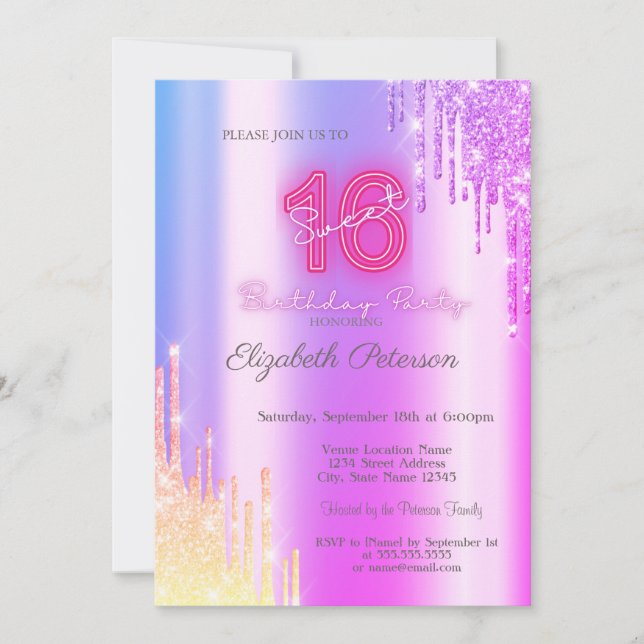Modern Glitter Ombre Violet Drips Neon Sweet 16 Inbjudningar (Framsida)