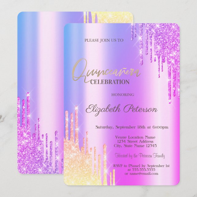 Modern Glitter Ombre Violetta Droppande Färg Inbjudningar (Fram/baksida)