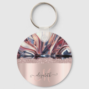 Modern Glitter Rosa Guld Monogram Abstrakt Nyckelring