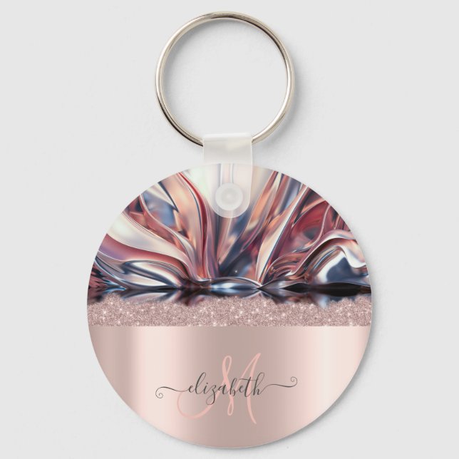 Modern Glitter Rosa Guld Monogram Abstrakt Nyckelring (Framsida)