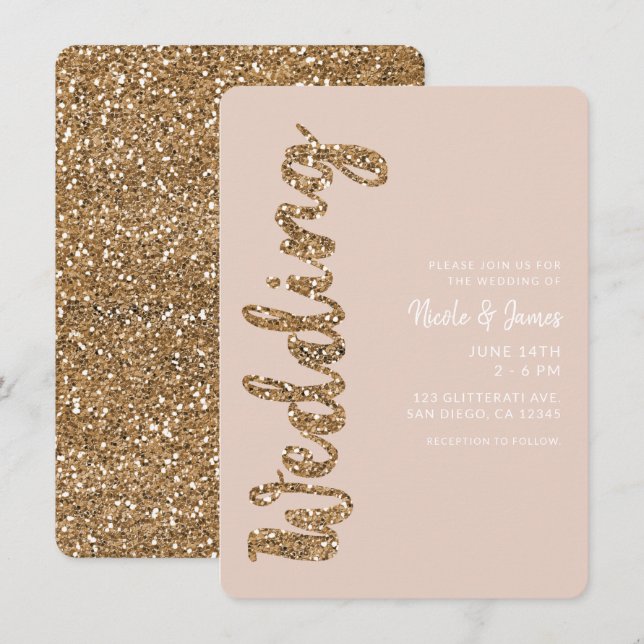 Modern Glitter Rosa Guld Rodnad Glam Bröllop Inbjudningar (Fram/baksida)