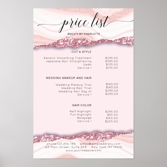 Modern, glitter, rosa prislista Poster (Framsidan)