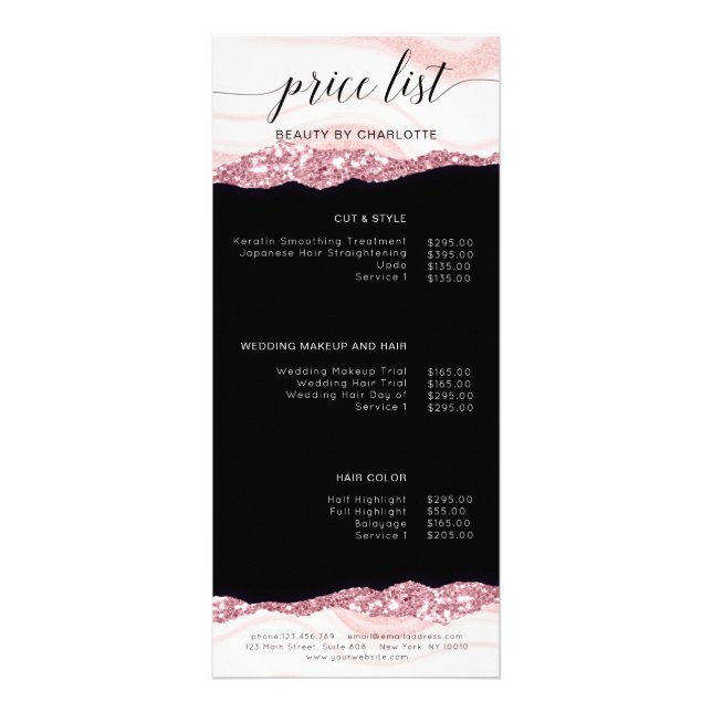 Modern, glitter, rosa-svart pris lista reklamkort (Framsidan)