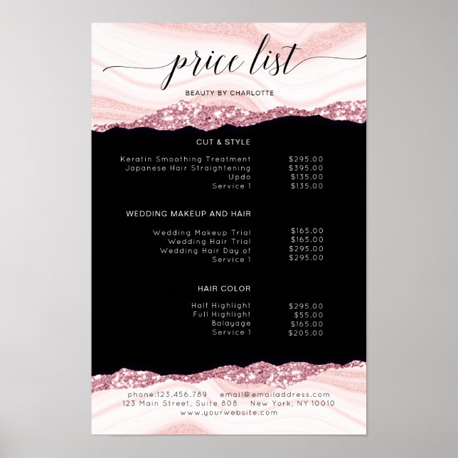 Modern, glitter, rosa-svart prislista Affisch (Framsidan)