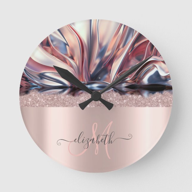 Modern Glitter Rose Gold Monogram Abstrakt   Rund Klocka (Framsida)