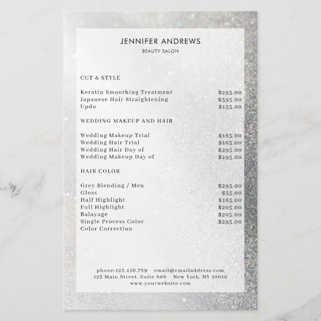 Modern Glitter Salon Pris List Flyer (Framsidan)