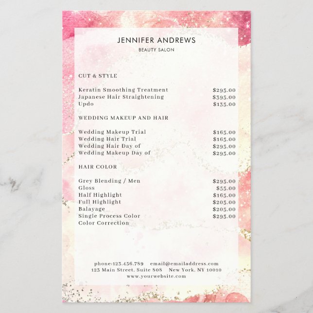 Modern Glitter Salon Prislista Flyer (Framsidan)