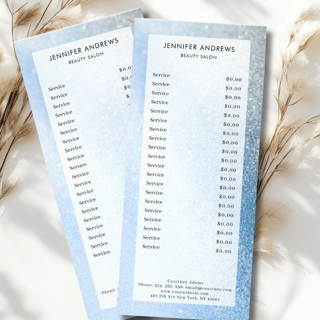 Modern, glitter, salon, prislista reklamkort (Personalized Modern, glitter, salon, pricelist rack card)