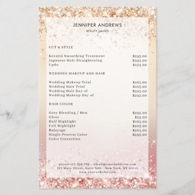 Modern glitter-salong prislista flygblad (Framsidan)