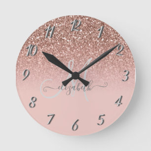 Modern Glitter Sequin Ombre Ro Guld Monogram Rund Klocka