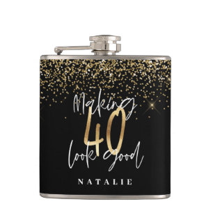 Modern glitter svart och guld 40-årsdag fickplunta