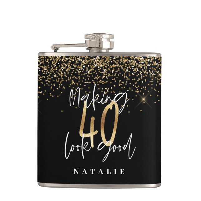 Modern glitter svart och guld 40-årsdag fickplunta (Framsidan)