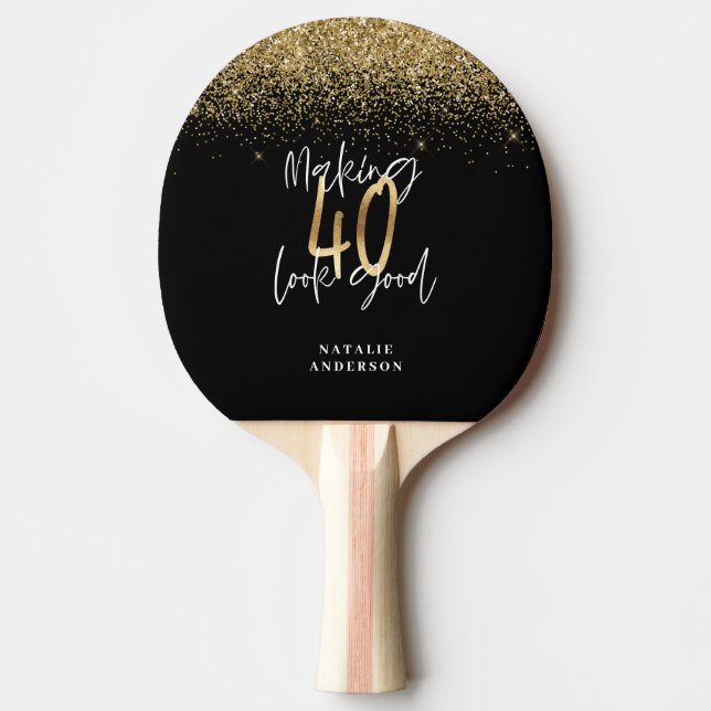 Modern glitter svart och guld 40-årsdag pingisracket (Framsidan)
