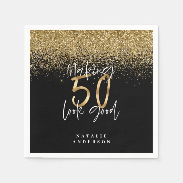 Modern glitter svart och guld 50-årsdag pappersservett (Framsidan)