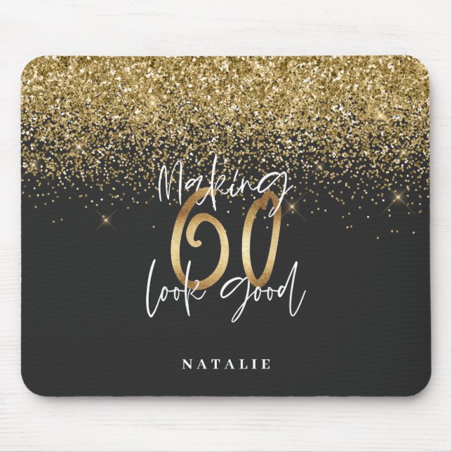 Modern glitter svart och guld 60-årsdag musmatta (Framsidan)