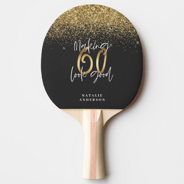 Modern glitter svart och guld 60-årsdag pingisracket (Framsidan)
