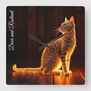 Modern glöd tabby katt blue ögon fantasykonst fyrkantig klocka