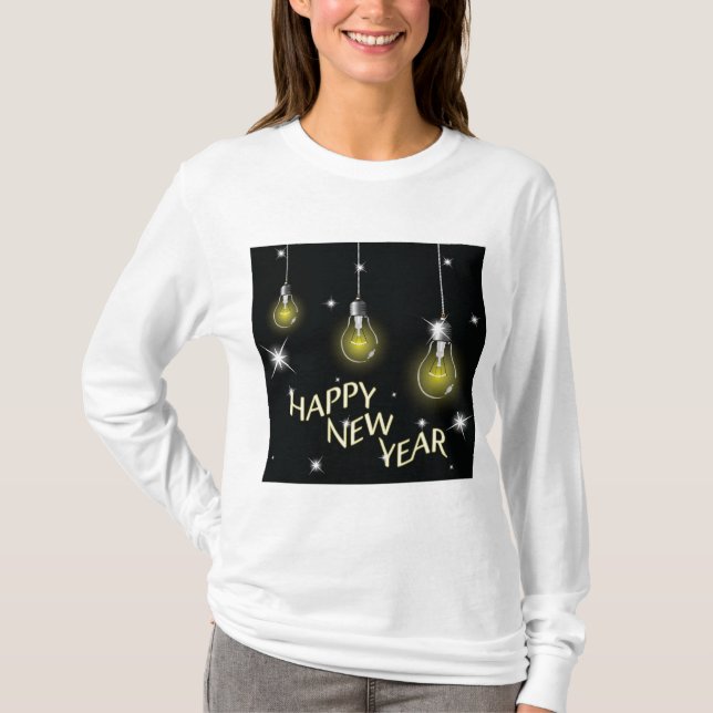 Modern Glowing Light Bulbs Happy New Year T Shirt (Framsida)