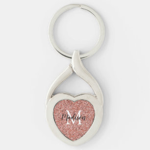 Modern Gnistra Ro-Guldet Glitter, Monogram Namn Twisted Heart Silverfärgad Nyckelring