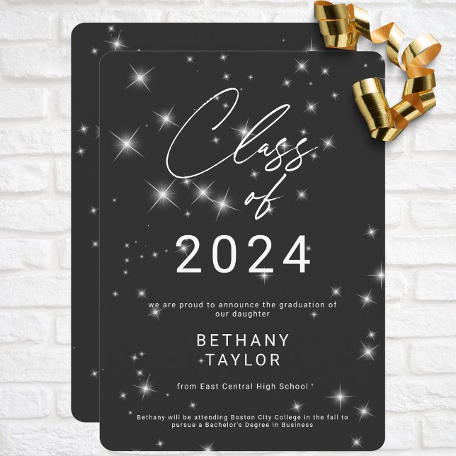 Modern Gnistra Studenten, svart och vitt Meddelande (Modern Charcoal Black & White Sparkle Graduation Announcement)
