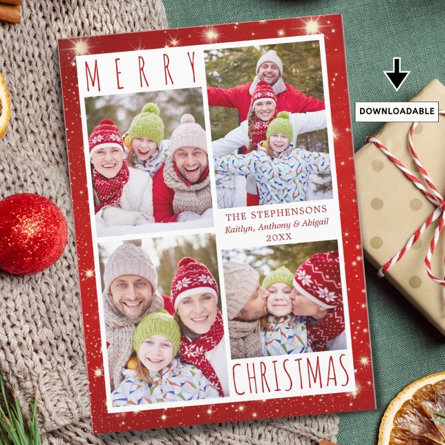 Modern GOD JUL 4 Photo Collage Red Ljus Julkort (Skapare uppladdad)