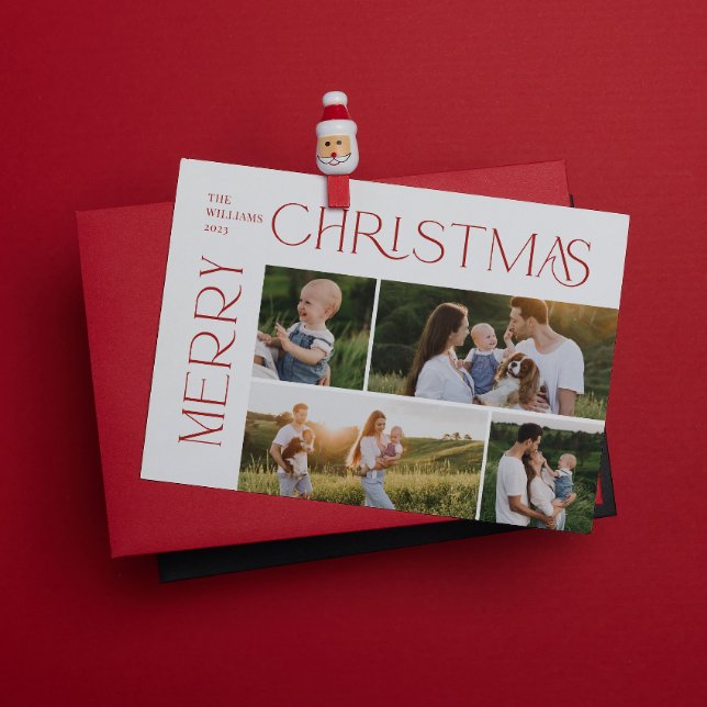 Modern God jul 4 Photo Red Typography Julkort (Spread the magic of the holidays with these beautiful cards 🎅🏼❤️)