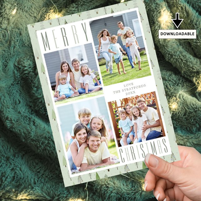 Modern GOD JUL 4 Photo Träd Grönt Julkort (Skapare uppladdad)