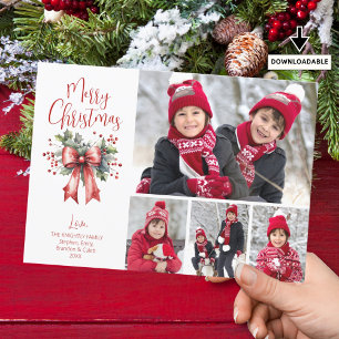 Modern God jul 4 Photos Script Holly Bow Julkort