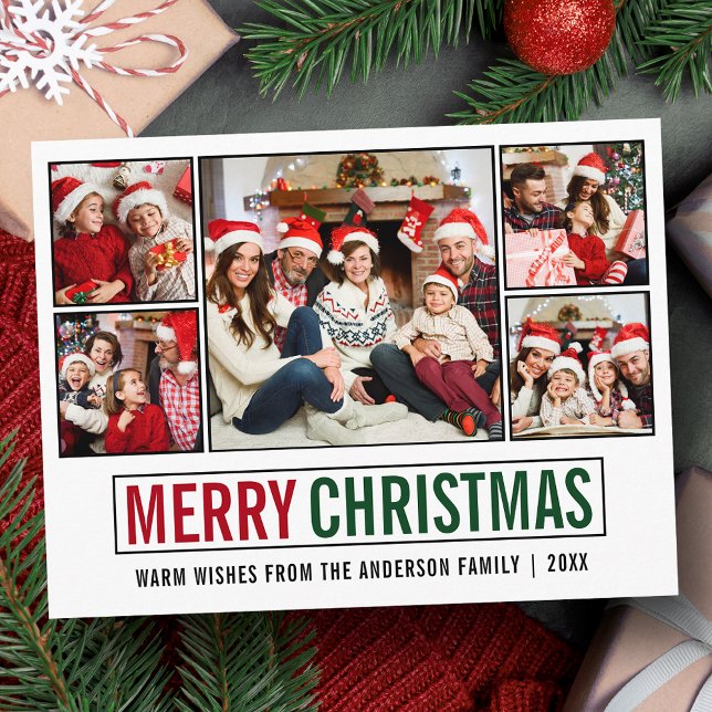 Modern God jul 5-foto Vykort (Customize to change your personalized text size or text style.)