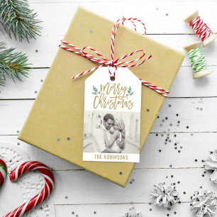 Modern God jul Antique Guld-skriptfoto Presentetikett