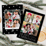 Modern God jul Black 7 Photo Collage Julkort<br><div class="desc">Ett enkelt kort för helgdag och elegant med en 3 fotokollage på framsidan med "God jul" som visas i vit, modern text på en svart bakgrund. Anpassa kortets framsida genom att lägga till foton och namn. Kortet återgår till ytterligare foton i visning 4 och året med en vit snöflinga mönster-bakgrund....</div>
