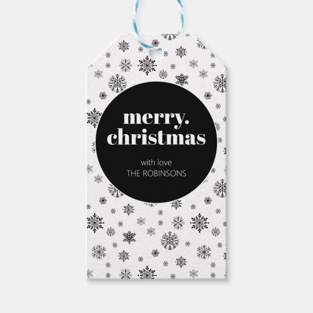 Modern God jul Black and White Snowflake Presentetikett (Framsidan)