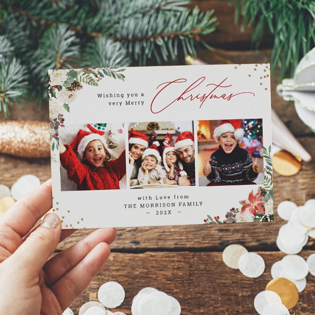 Modern God jul Blommigt 3 Photo Hälsning Julkort (Skapare uppladdad)