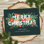 Modern God jul Blommigt-familjen Namn Helg Vykort<br><div class="desc">Skicka bifall till den här julhelgen med de här färgstarka julvykorten. De har olika blommigt/vinter-inslag (gräs, löv, blommor, bär, knoppar, pinekoner och sprickor) i ett färg-schema med röd orange, persikor, korall, akvarier, teal, grönt, brun och kalkgrön. Modern typografi lyder: "GOD JUL" i vitt. Bakgrunden färg är en djup evergreen, men...</div>