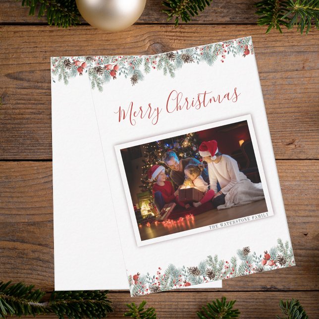 Modern God Jul Familjefoto Rustik Högtid Anteckningskort (Modern Merry Christmas Family Photo Rustic Holiday Note Card)