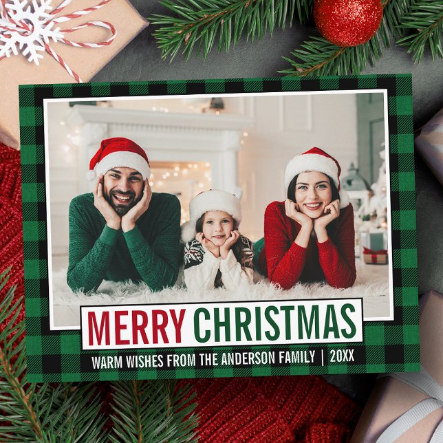 Modern God jul Family Photo Grönt Play Vykort (Customize to change your personalized text size or text style.)